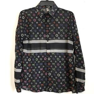 Black Multi Color Printed Chiffon Blouse Long Sleeve Semi Sheer Button Up Shirt